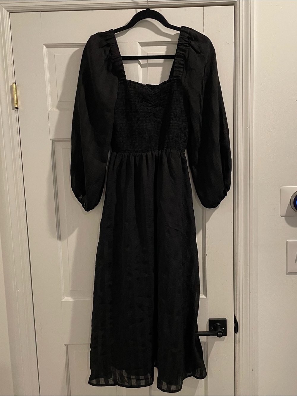 Madewell Black Smocked Midi Dress with Balloon Sleeves and Shadow Stripe